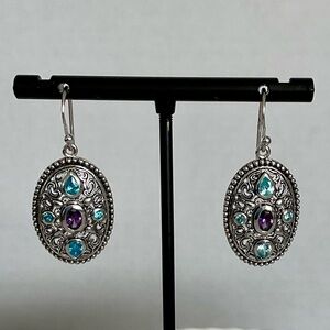 Bali Style Amethyst and Blue Topaz Dangle Earrings Sterling Silver